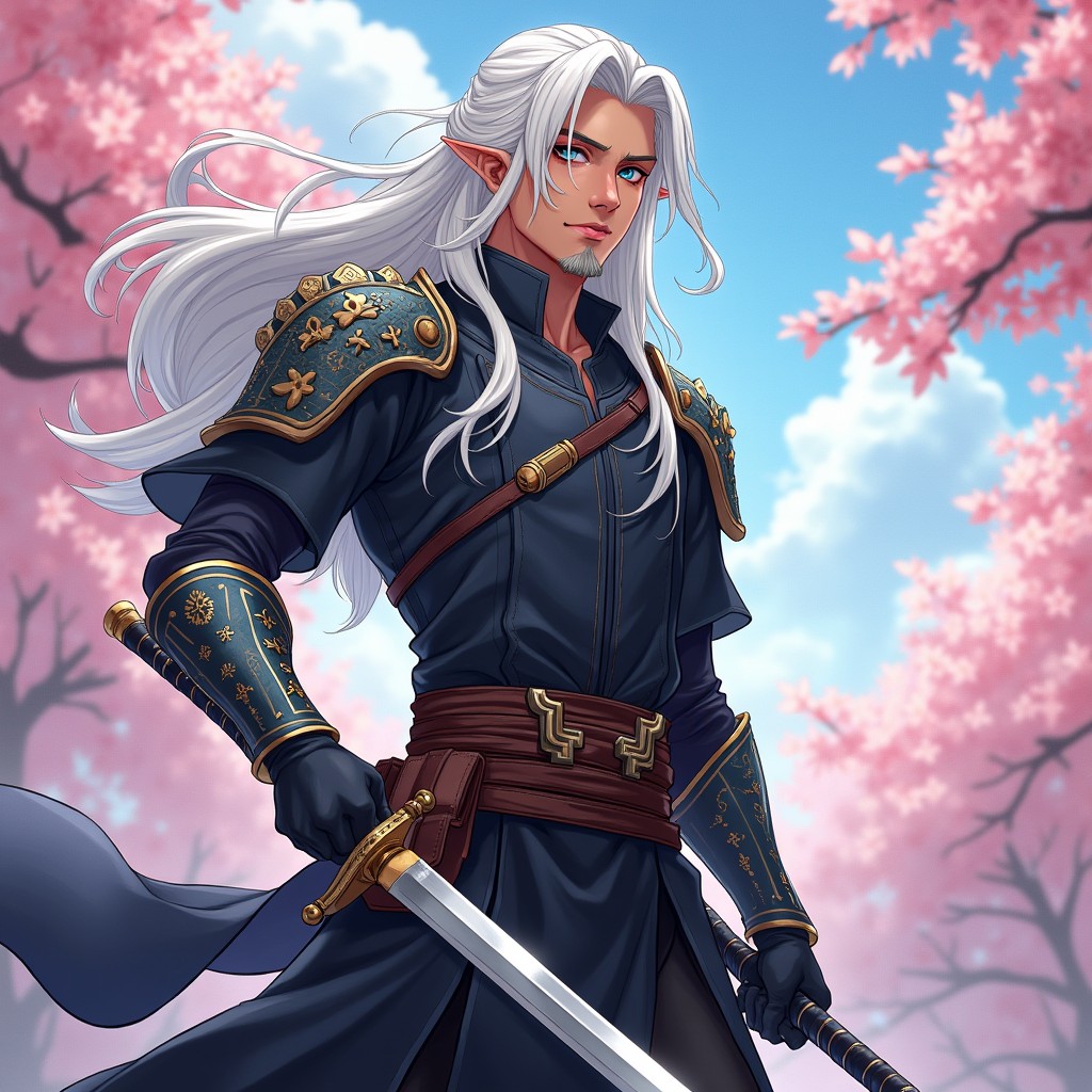 A captivating male half-elf swordsman character from Dungeons & Dragons, rendered in a striking anime style