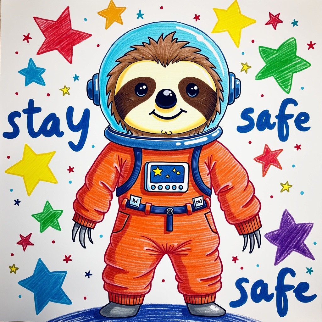 A vibrant and cheerful crayon drawing created by a child, featuring a sloth adorably wearing a shiny astronaut helmet and cozy human sweat pants