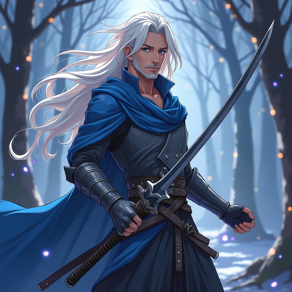 A captivating male half-elf swordsman character from Dungeons & Dragons, illustrated in a vibrant anime style
