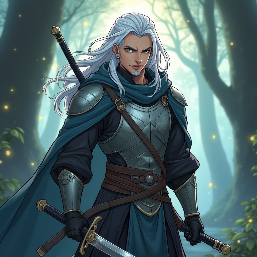 A captivating male half-elf swordsman character from Dungeons & Dragons, depicted in a striking anime style