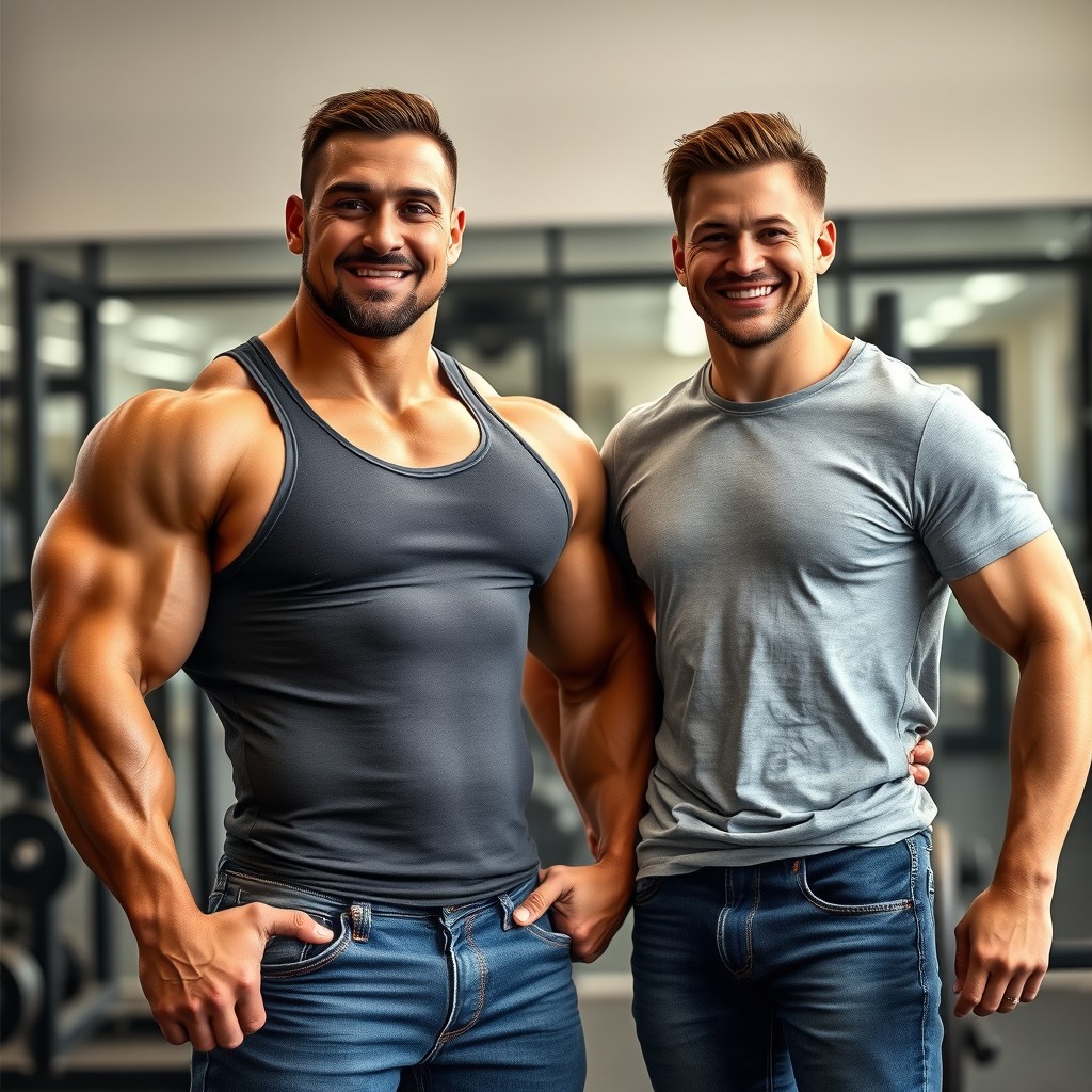 A striking image showcasing a powerful bodybuilder standing confidently beside a smaller man, both displaying a strong camaraderie