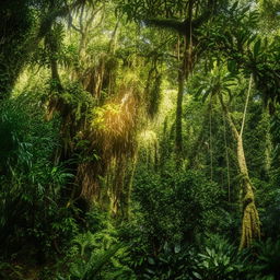 A lush, vivid jungle teeming with diverse and colorful vegetation under dappled sunlight