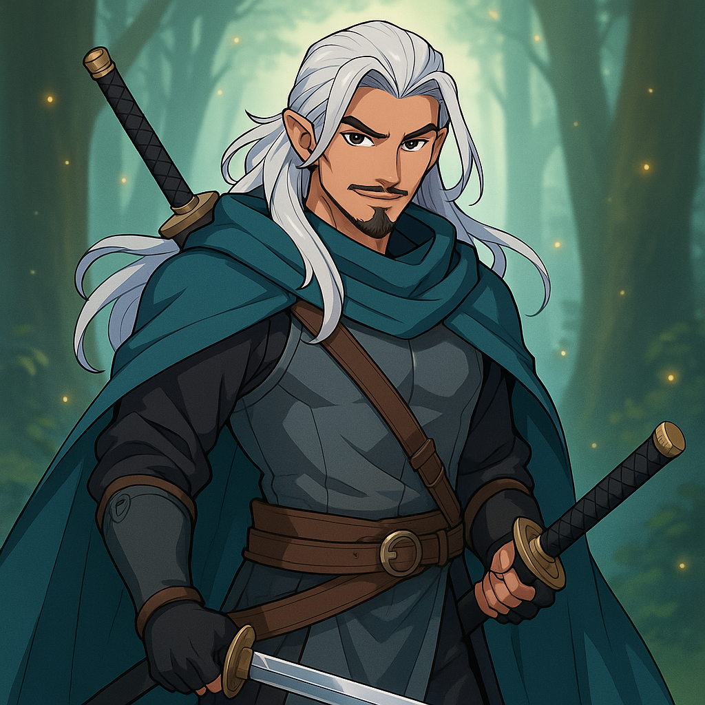 "espadachim male half elf D&D" hot girl" "anime" "light armor" "hair long white " "katana" "goatee" "hood"
