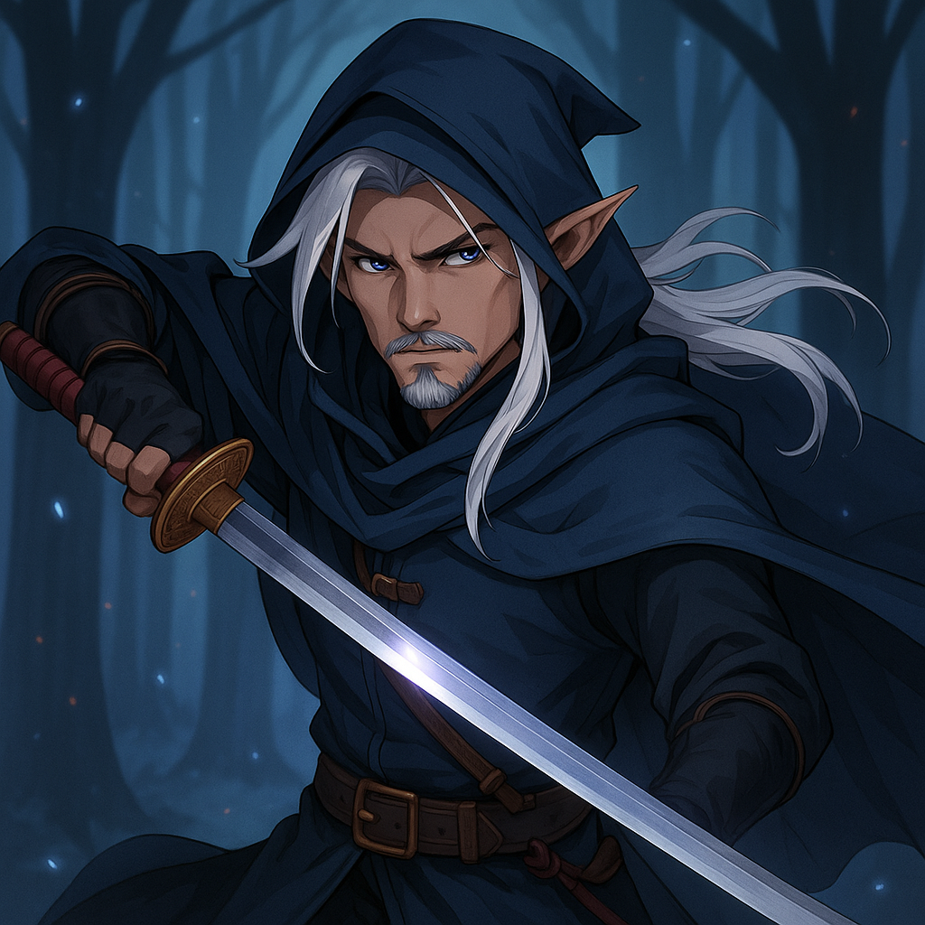 "espadachim male half elf D&D" hot girl" "anime" "light armor" "hair long white " "katana" "goatee" "hood"