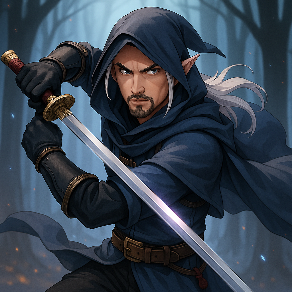"espadachim male half elf D&D" hot girl" "anime" "light armor" "hair long white " "katana" "goatee" "hood"