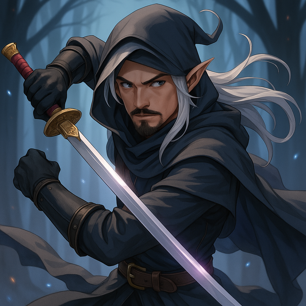 "espadachim male half elf D&D" hot girl" "anime" "light armor" "hair long white " "katana" "goatee" "hood"