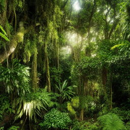 A lush, vivid jungle teeming with diverse and colorful vegetation under dappled sunlight