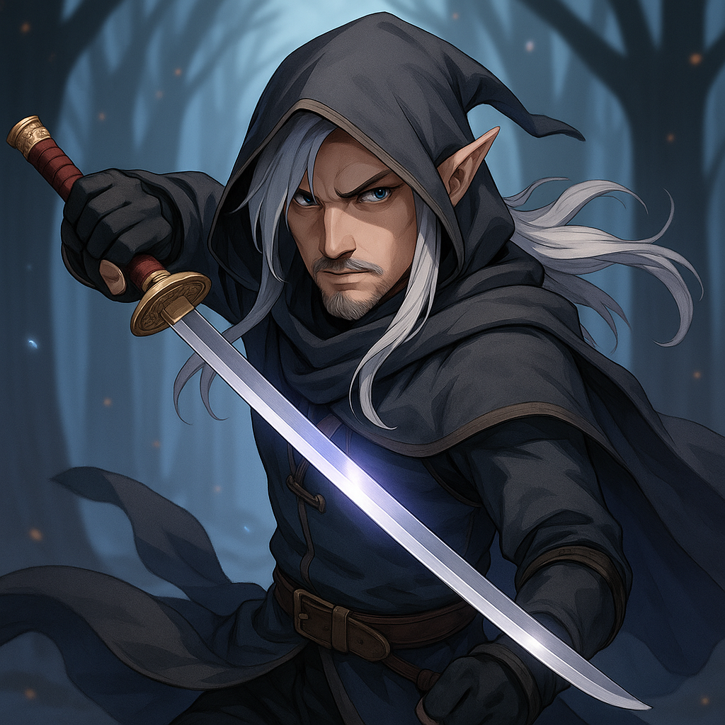 "espadachim male half elf D&D" hot girl" "anime" "light armor" "hair long white " "katana" "goatee" "hood"