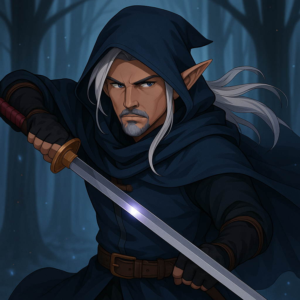 "espadachim male half elf D&D" hot girl" "anime" "light armor" "hair long white " "katana" "goatee" "hood"