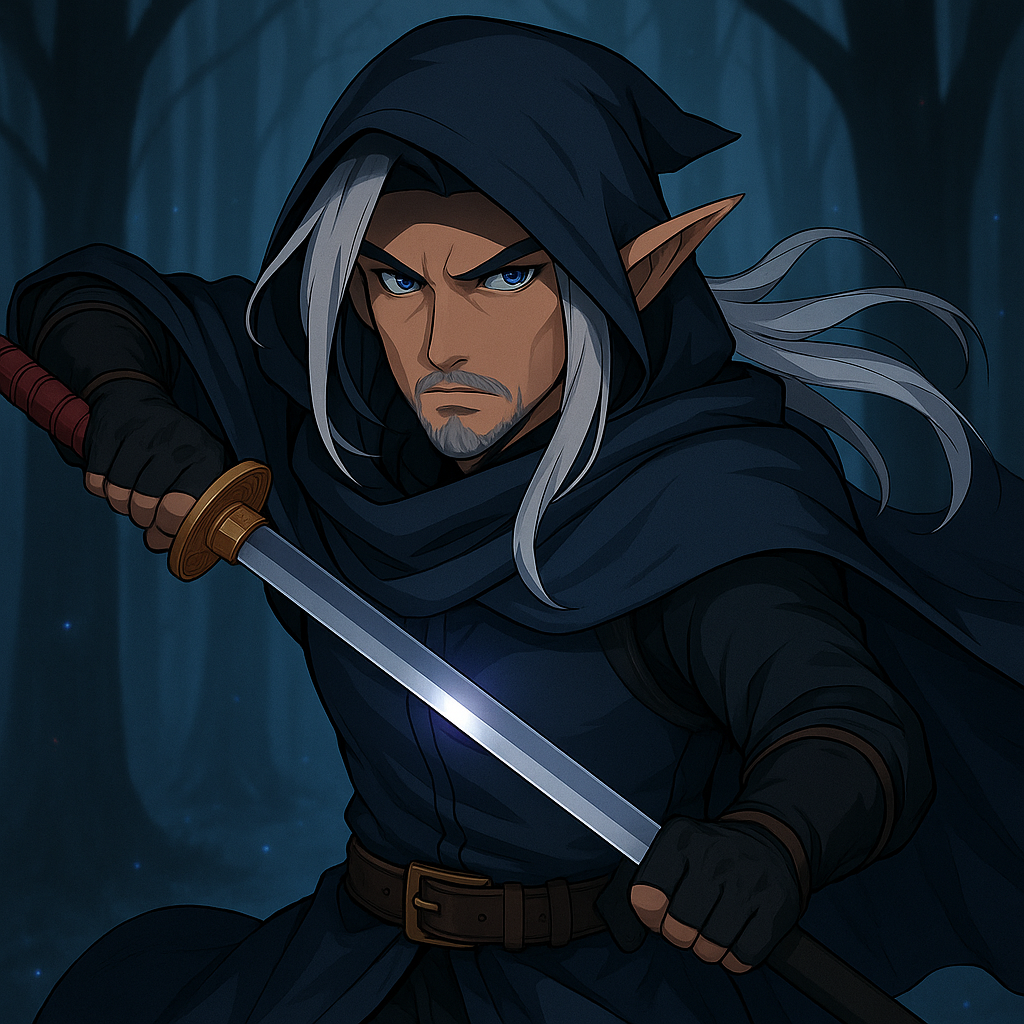 "espadachim male half elf D&D" hot girl" "anime" "light armor" "hair long white " "katana" "goatee" "hood"