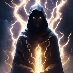 A mysterious man, face veiled by a black mask and garbed in a knight's robe, meditates amidst an energetic shield formed from thousands of electrifying lightning bolts.