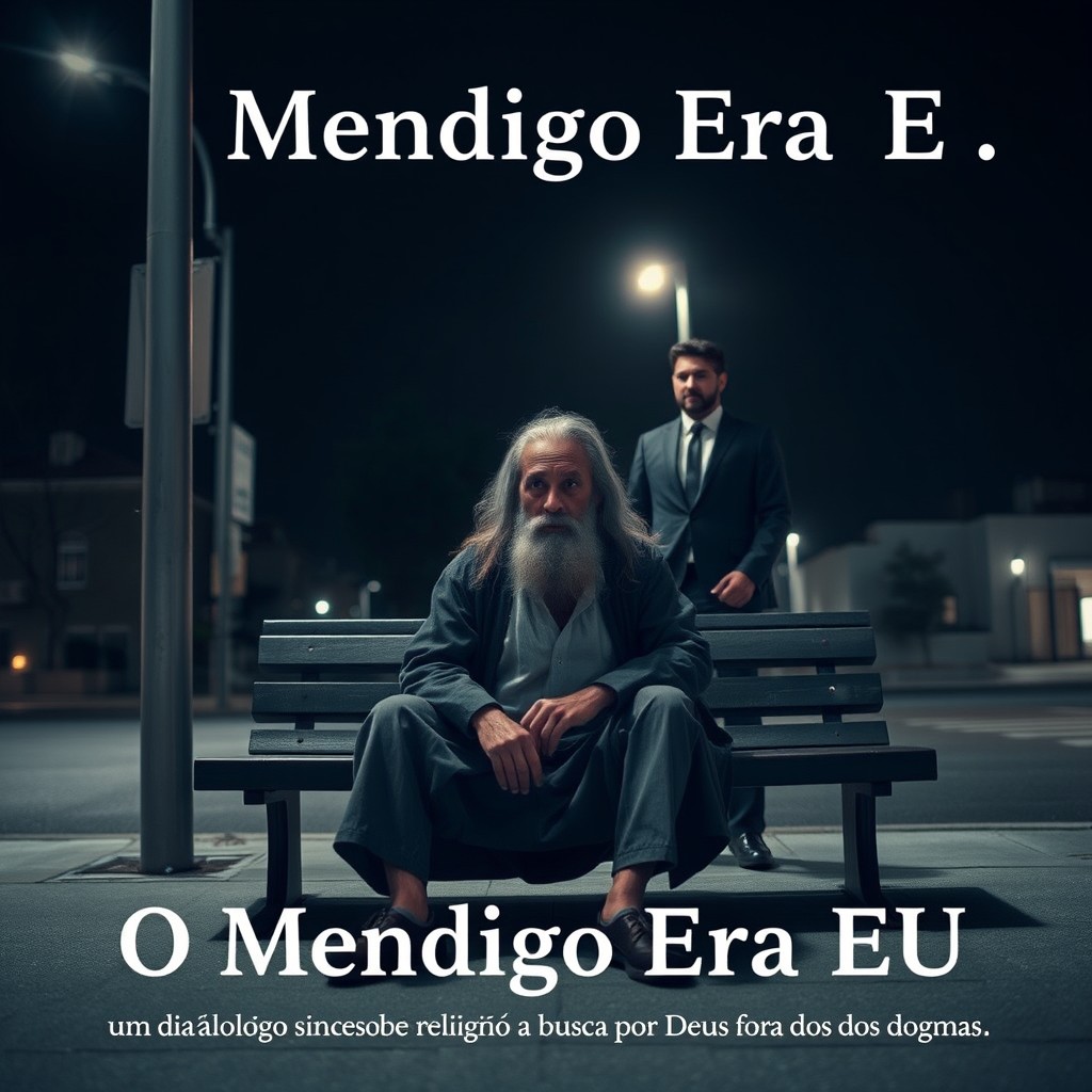 A serene night scene at a street corner, featuring a poor man with long hair and a beard, sitting calmly on a bench under soft moonlight