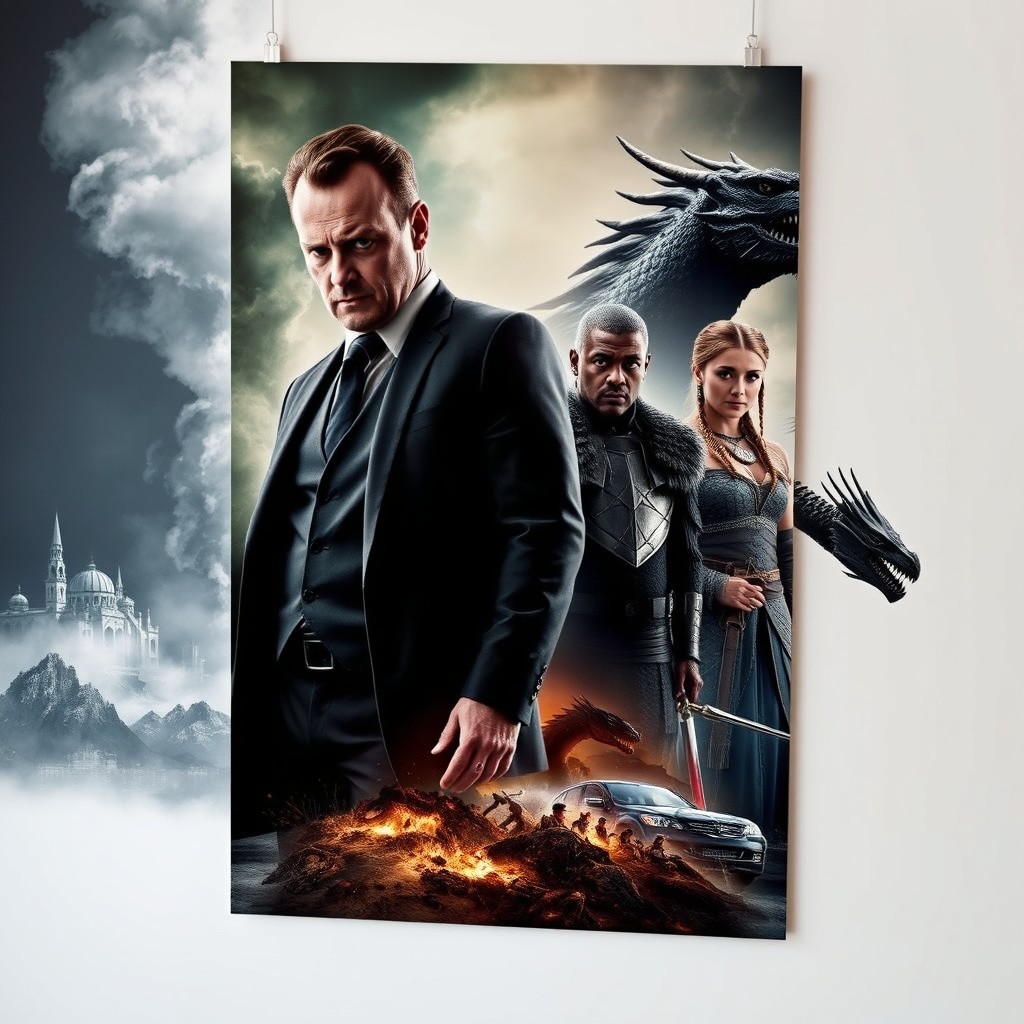 A cinematic wall poster featuring the characters Tommy Shelby, Ragnarok, Khal Drogo, and Khaleesi together in a dramatic and visually stunning scene