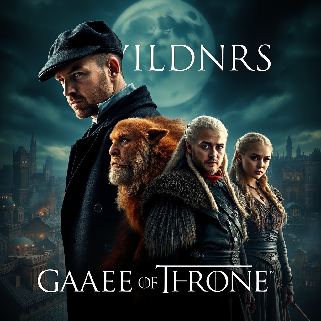 A cinematic poster featuring the characters Tommy Shelby from Peaky Blinders, Ragnar Lothbrok from Vikings, Khal Drogo from Game of Thrones, and Daenerys Targaryen