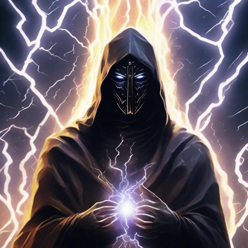 A mysterious man, face veiled by a black mask and garbed in a knight's robe, meditates amidst an energetic shield formed from thousands of electrifying lightning bolts.