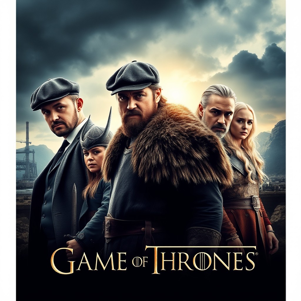 A cinematic wall poster featuring characters Tommy Shelby from Peaky Blinders, Ragnar Lothbrok from Vikings, Khal Drogo and Daenerys Targaryen from Game of Thrones