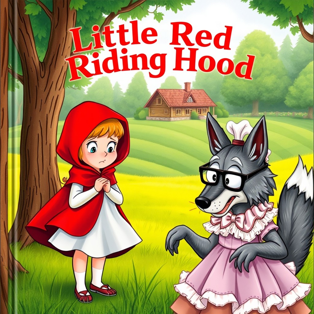 A book cover illustration of Little Red Riding Hood looking scared, standing in a forest setting
