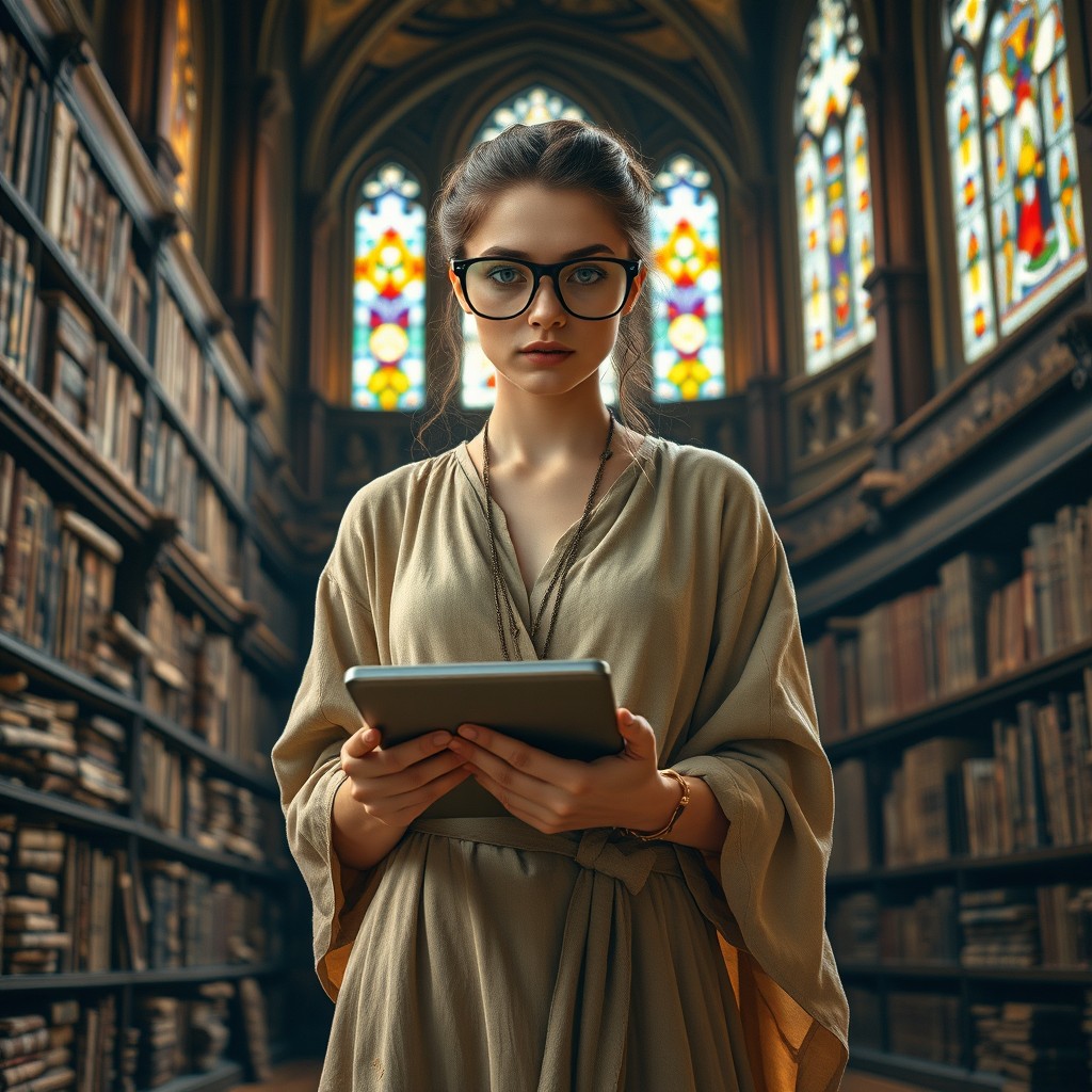 A female human noble scholar standing in a grand library filled with ancient books
