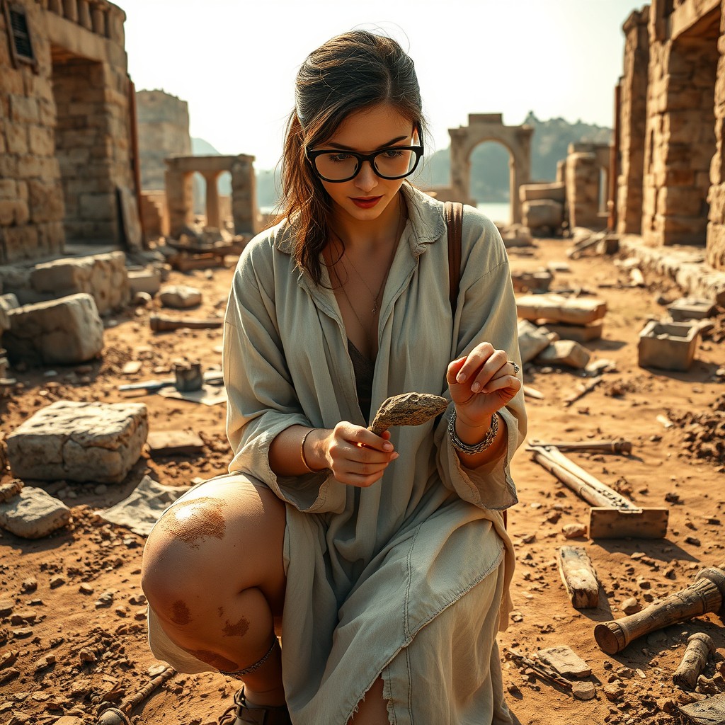 A female human noble archeologist depicted in an expansive archaeological site filled with ancient ruins