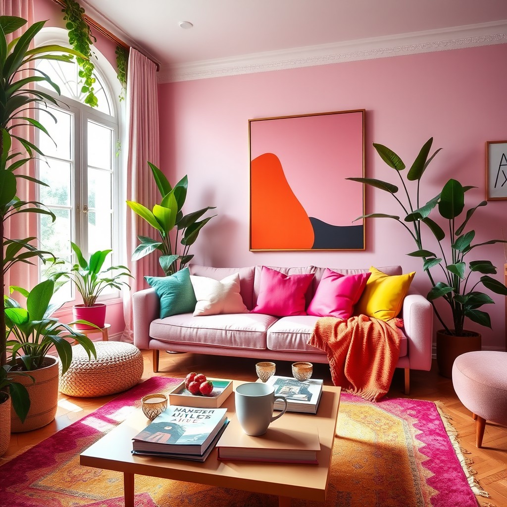 Vibrant Modern Living Room: Chic Decor & Lush Plants