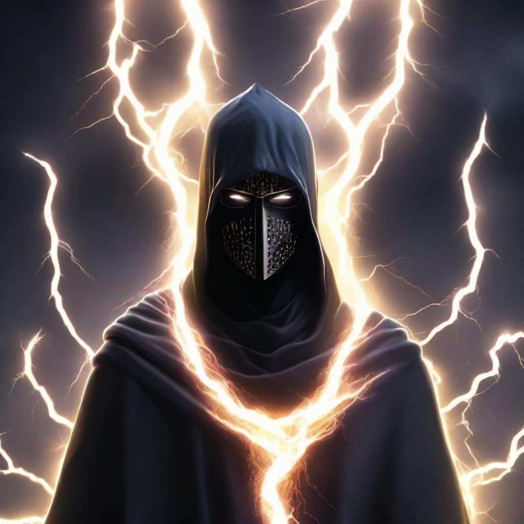 A mysterious man, face veiled by a black mask and garbed in a knight's robe, meditates amidst an energetic shield formed from thousands of electrifying lightning bolts.