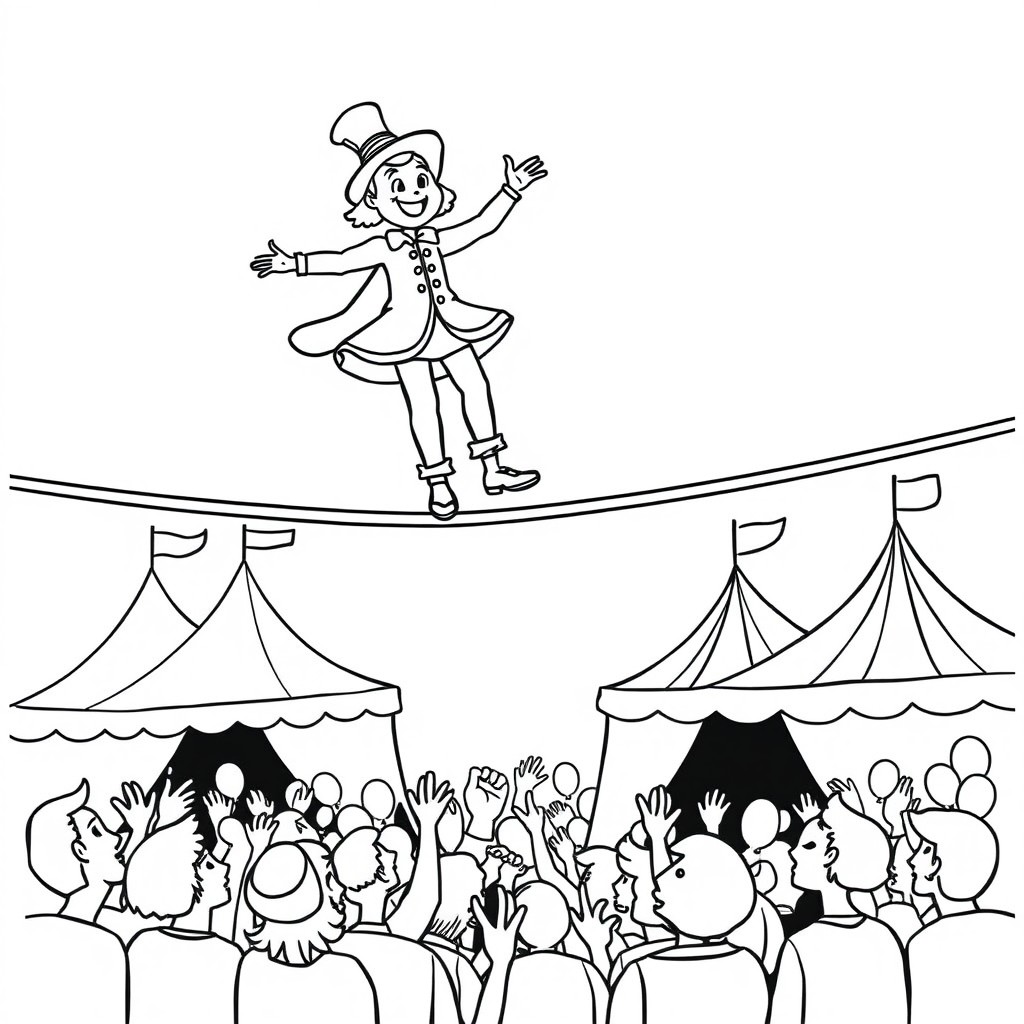 A delightful black and white illustration of a tightrope walker gracefully balancing high above the ground in a circus setting