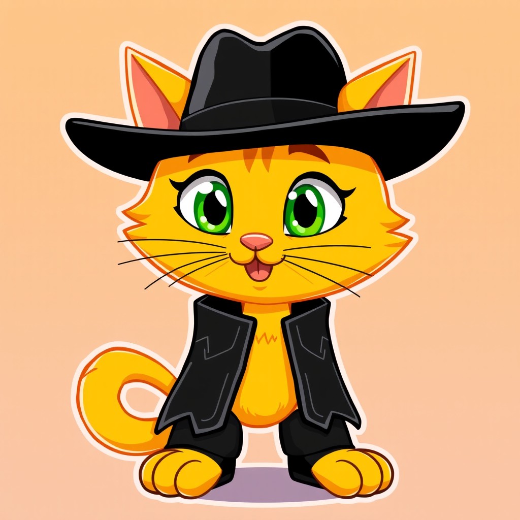 An animated image of a yellow cat wearing black boots and a black cowboy hat