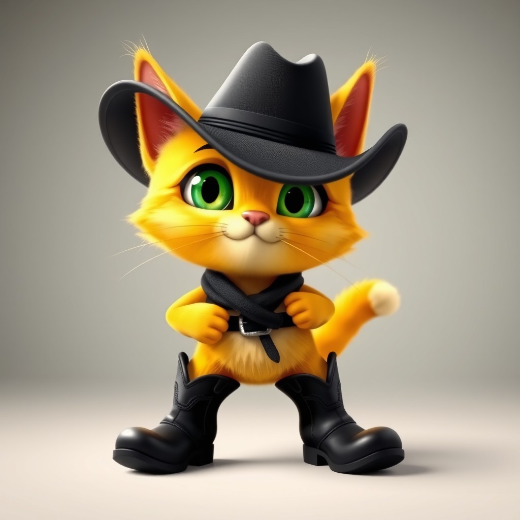 An image of a yellow cat wearing black boots and a black cowboy hat