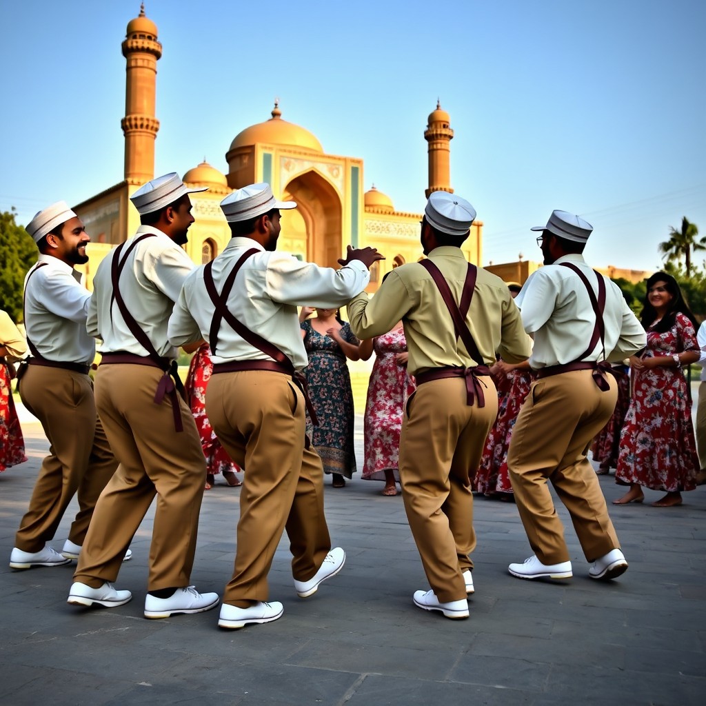A lively scene of six men wearing cream shirts, medium brown cloth pants, and brown sashes