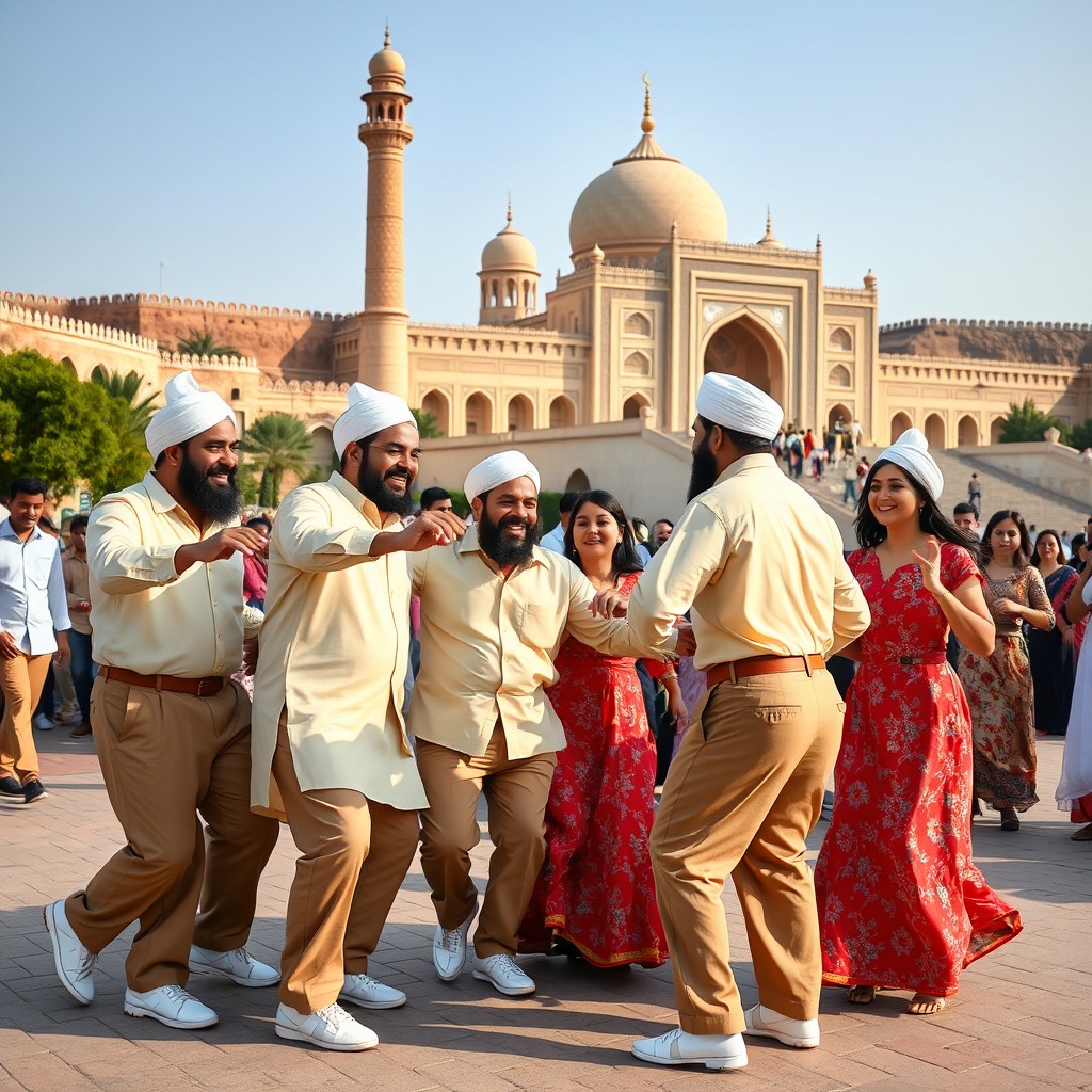 A vibrant scene featuring six men wearing cream shirts, medium brown fabric pants, and brown sashes, adorned with white shoes and traditional white hats resembling those of Kaaba pilgrims