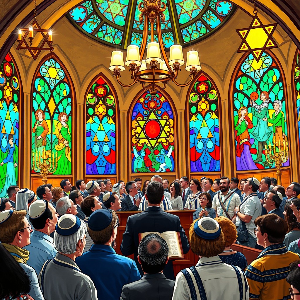 Vibrant Jewish Ceremony: A Joyous Celebration in Synagogue Art