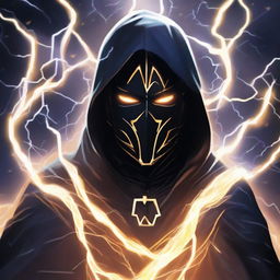 A mysterious man, face veiled by a black mask and garbed in a knight's robe, meditates amidst an energetic shield formed from thousands of electrifying lightning bolts.