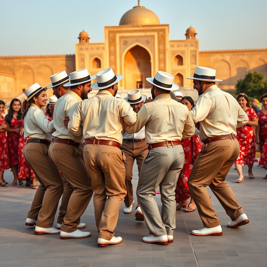 A vibrant scene depicting six men wearing cream shirts, medium brown fabric pants, brown belts, white shoes, and white Leon style hats, forming a circle and joyfully dancing together