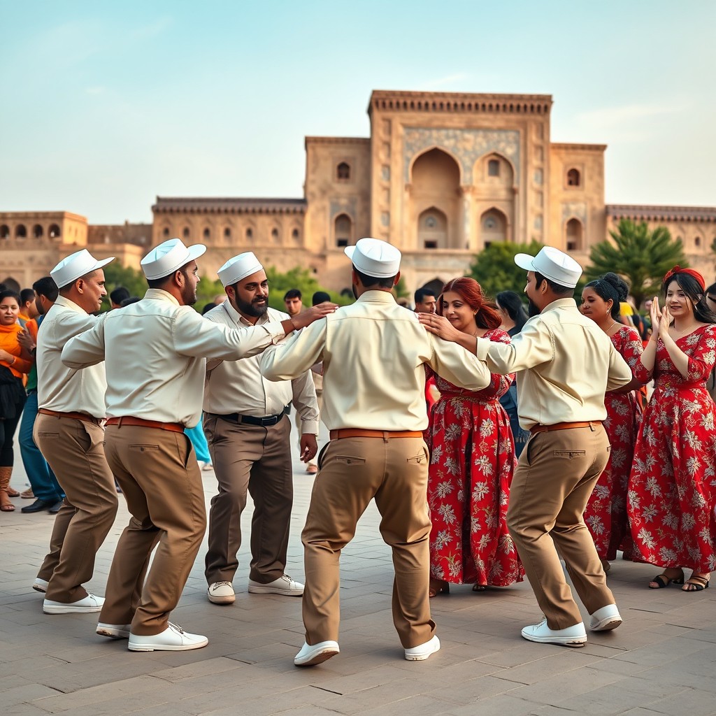 Six men wearing cream shirts and medium brown fabric pants, with brown waistbands, white shoes, and white arakchin-style hats, forming a circle and dancing together