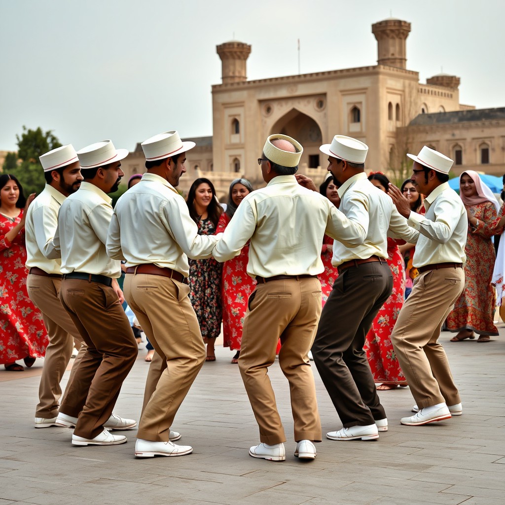 A lively scene depicting six men wearing cream shirts and medium brown fabric pants with brown waistbands, dancing together in a circular formation