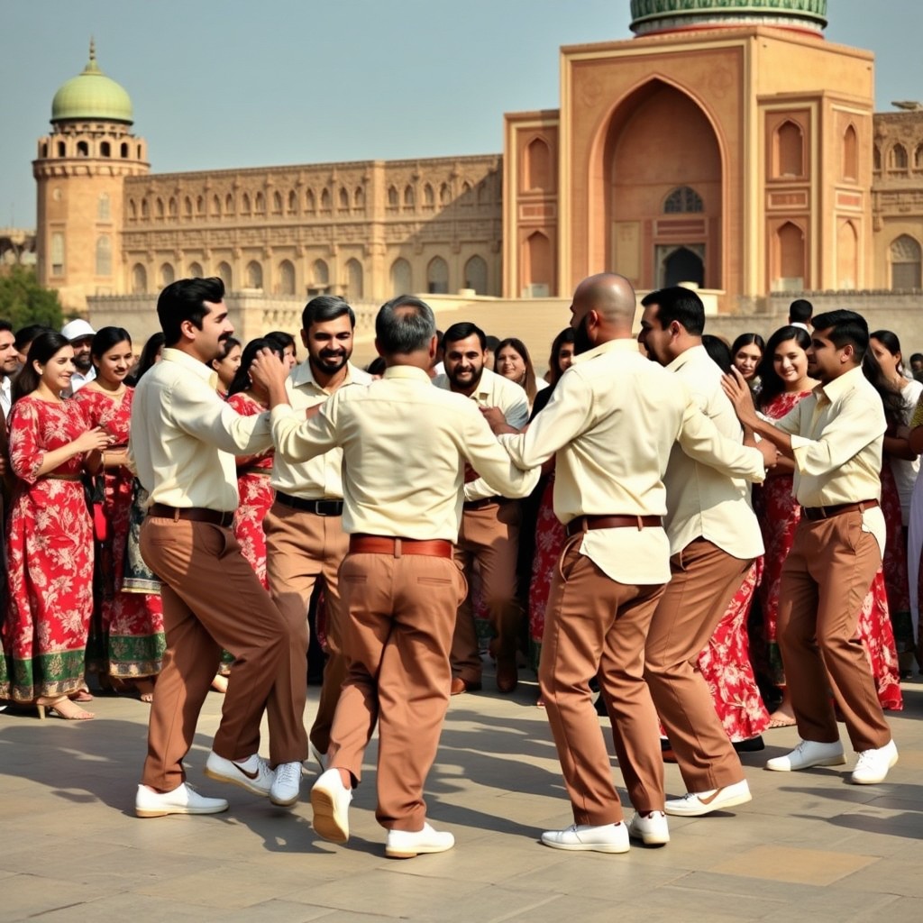 A lively scene featuring six men wearing cream shirts, medium brown fabric pants with brown waistbands, and white shoes