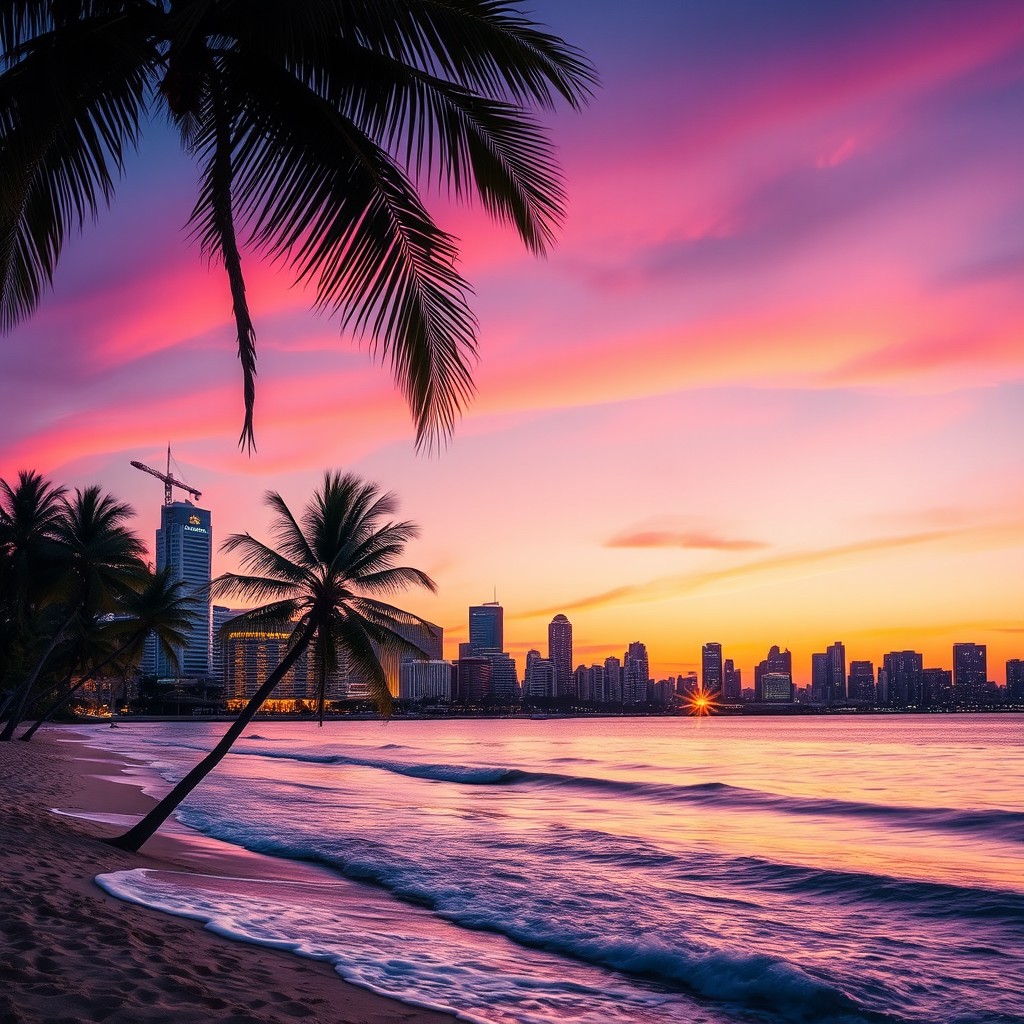 A beautifully blended composition featuring elements from two distinct photographs: one shows a serene sunset over a tranquil beach with soft waves, while the other captures a bustling city skyline at twilight with twinkling lights