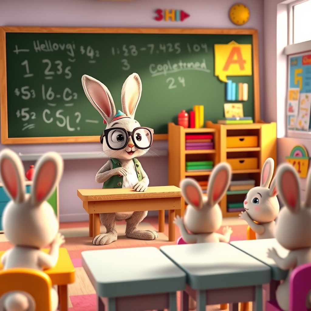 An animated scene of a rabbit teacher giving a lesson to a group of small rabbits in a colorful, child-friendly classroom