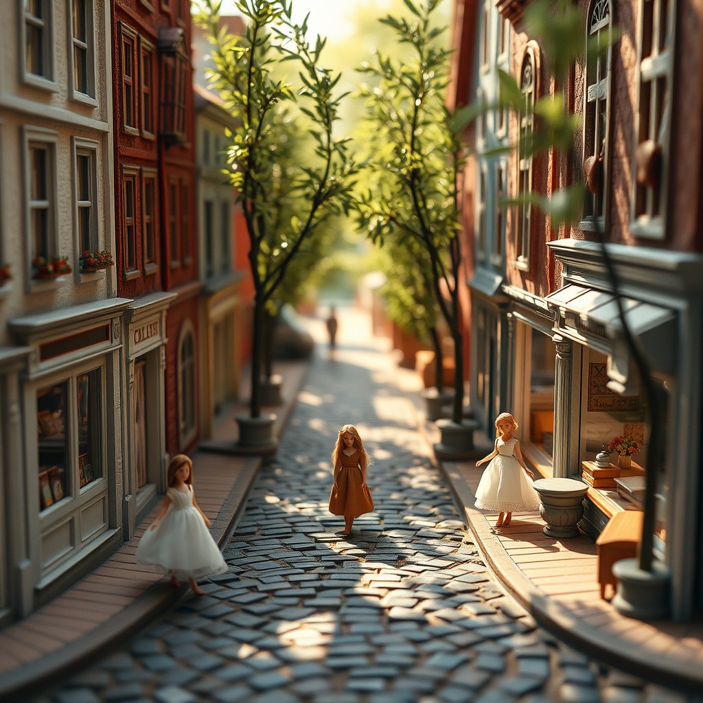A whimsical miniature street scene in a magical tiny world where luxury handbags are transformed into intricate buildings and structures