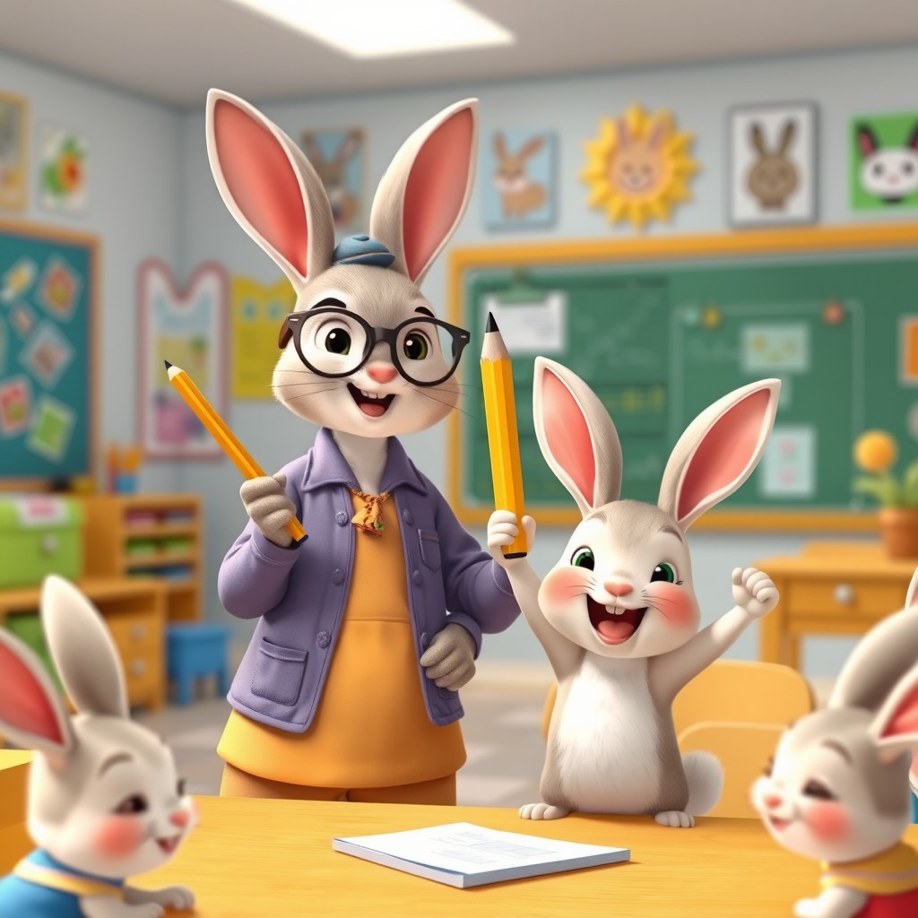 An animated scene depicting a rabbit teacher leading a class of small rabbits, with a joyful rabbit girl beside her holding up a yellow pencil, celebrating her find