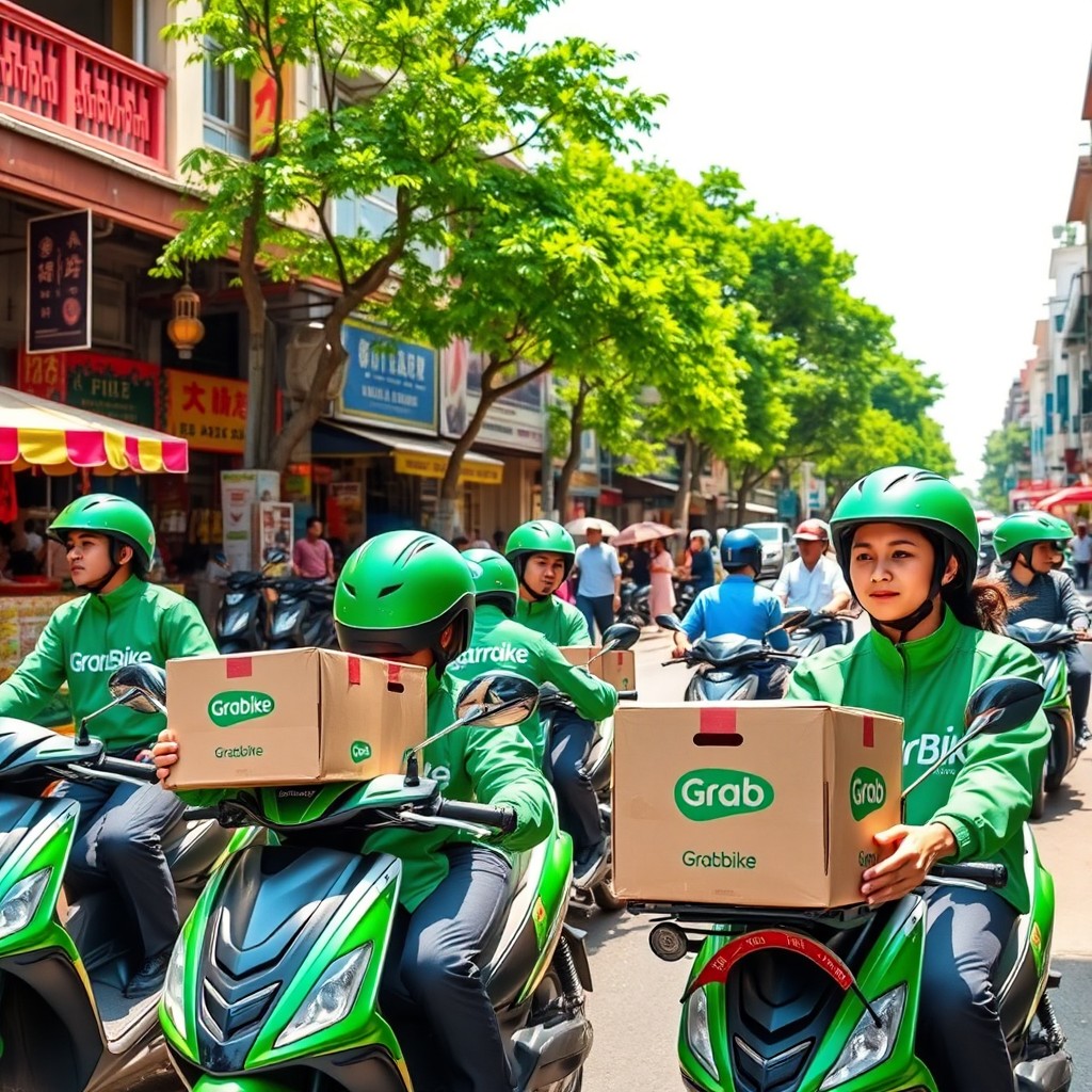 A vibrant scene depicting a bustling street in Vietnam where Grabbike drivers are receiving delivery boxes