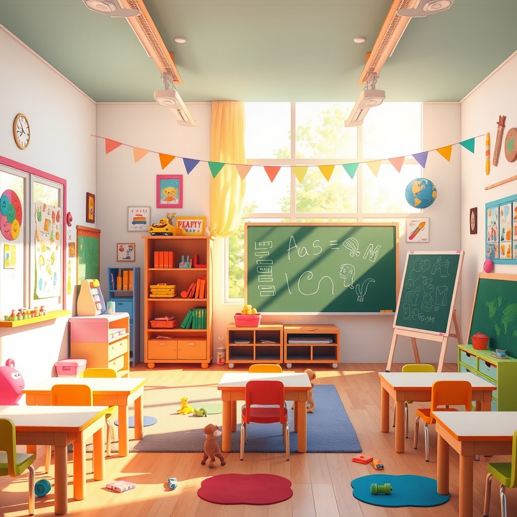 An animated scene depicting a colorful and vibrant child-friendly classroom