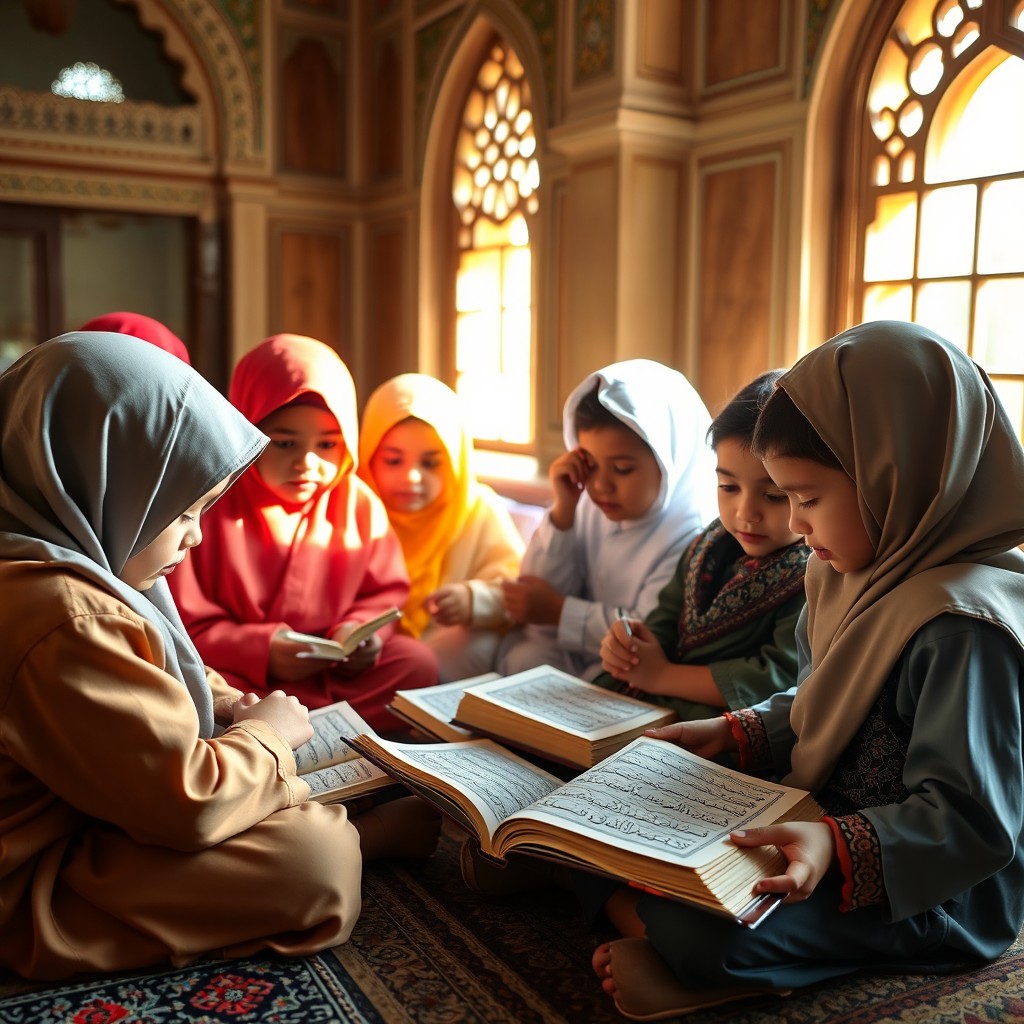 A beautiful scene of young children engaging in a Quran recitation session, sitting in a peaceful setting with traditional Islamic architecture in the background
