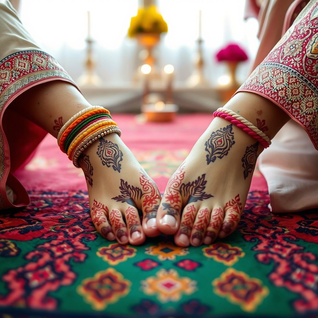 A close-up view of beautifully adorned Indian ladies' feet, showcasing intricate henna designs and colorful bangles