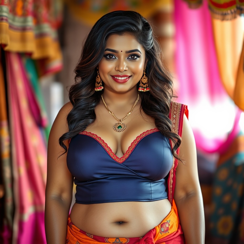 A curvy Indian woman with an accentuated belly featuring a decorative navel piercing