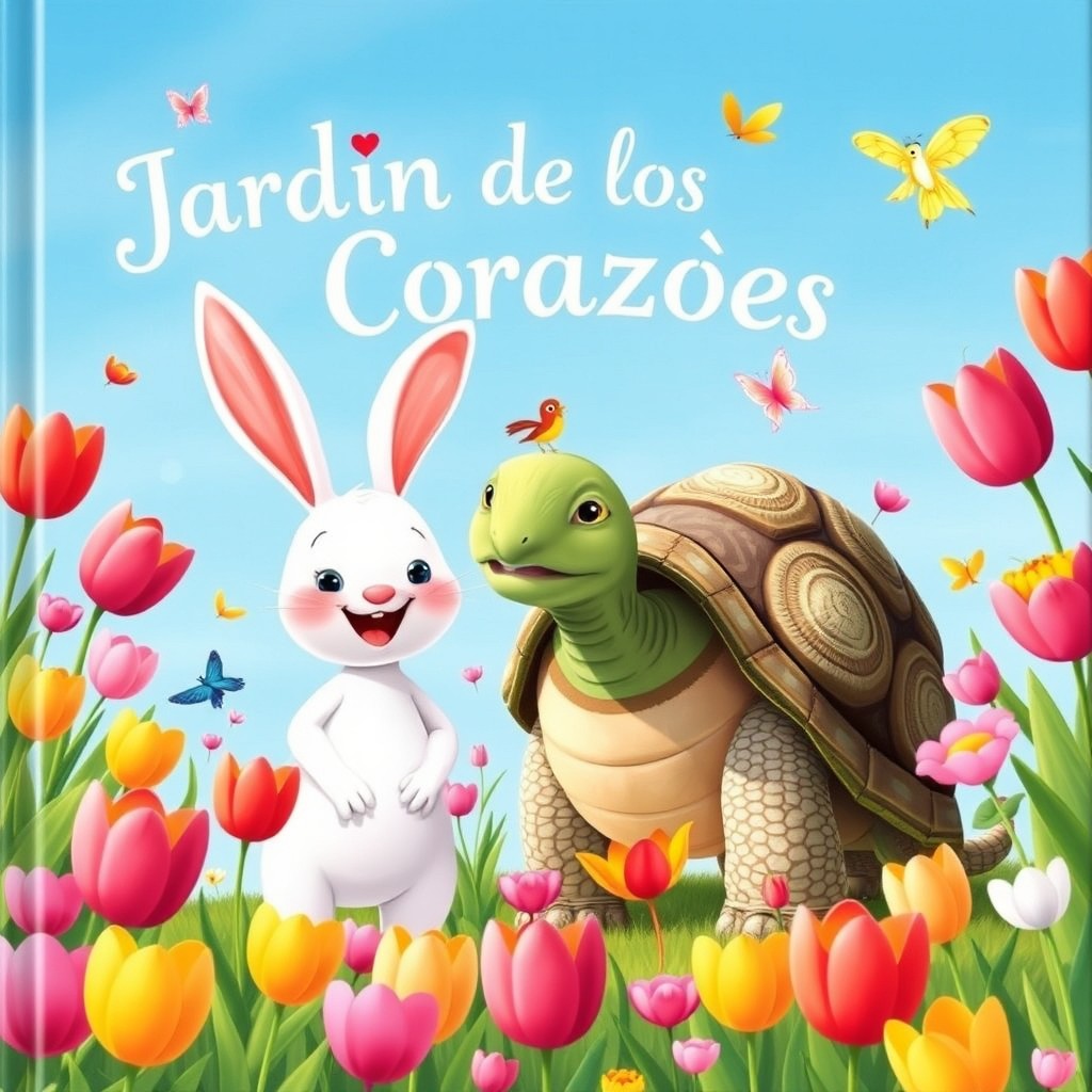 A vibrant and enchanting book cover for a children's story featuring a white rabbit and a turtle inviting all the animals to visit the magical 'Garden of Hearts'