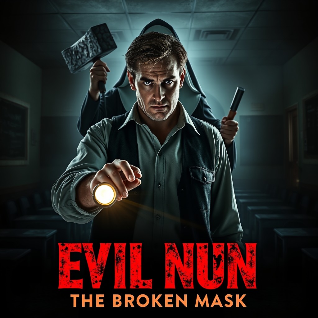 A movie poster for 'Evil Nun: The Broken Mask' featuring the character Mike Schmidt prominently in the foreground, with a determined expression and a flashlight in hand