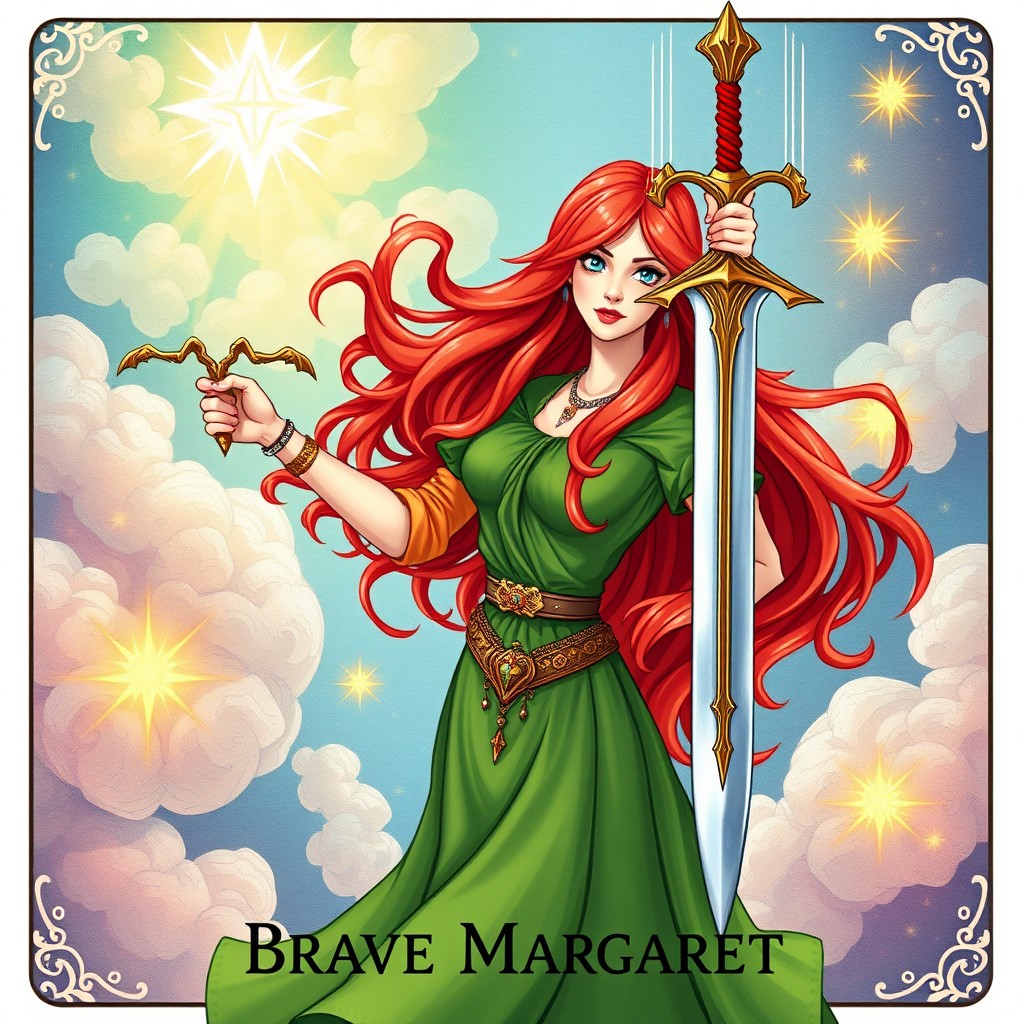 A beautifully illustrated tarot card representing the Ace of Swords featuring a courageous character named Brave Margaret