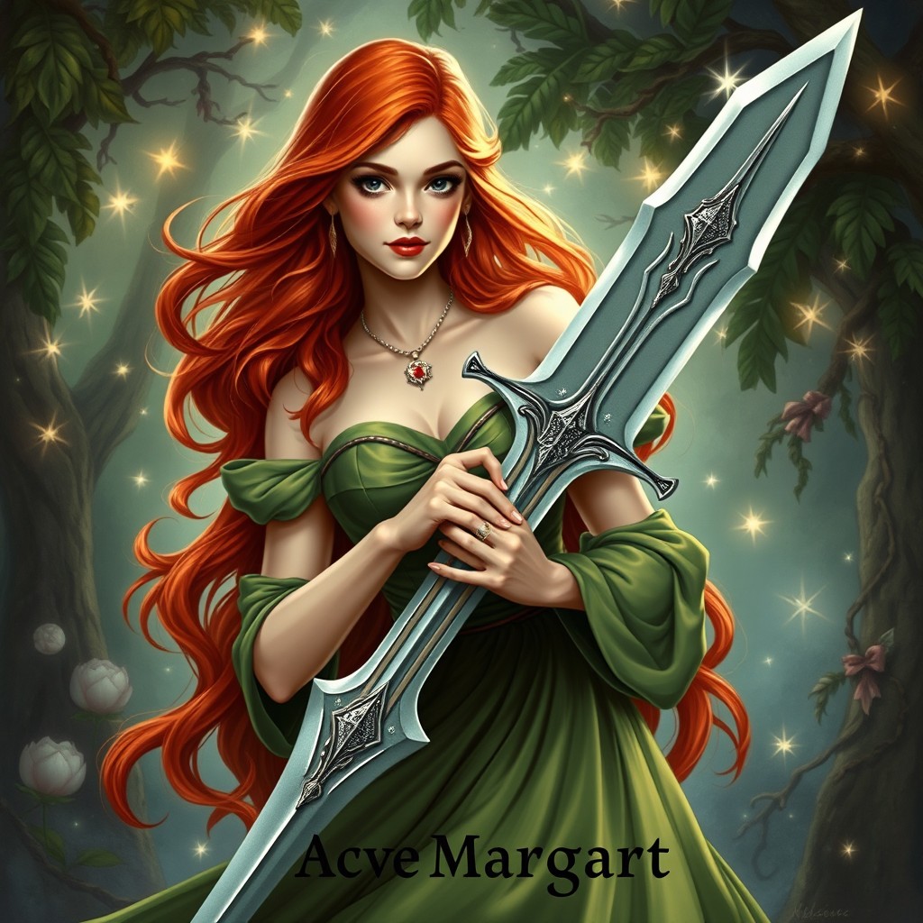 A realistic depiction of a tarot card representing the Ace of Swords, featuring Brave Margaret, who embodies a fairy tale character