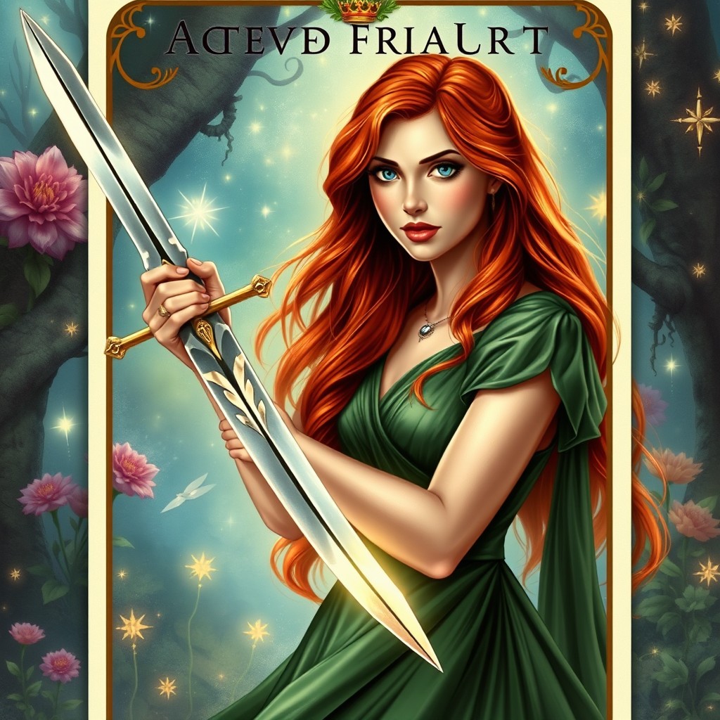 An enchanting tarot card depicting the Ace of Swords featuring a realistic portrayal of Brave Margaret